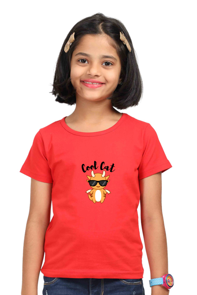 "Girl Round Neck Cool Cat Half Sleeves T-Shirt"