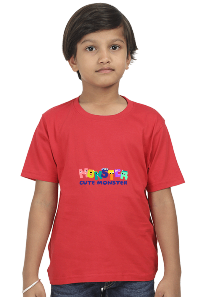 "Boy Round Neck Cute Monster Half Sleeves T-Shirt"