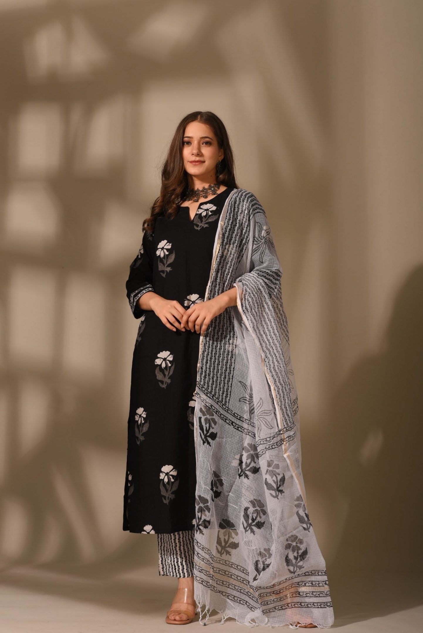 Black Cotton Women Kurta set With Dupatta