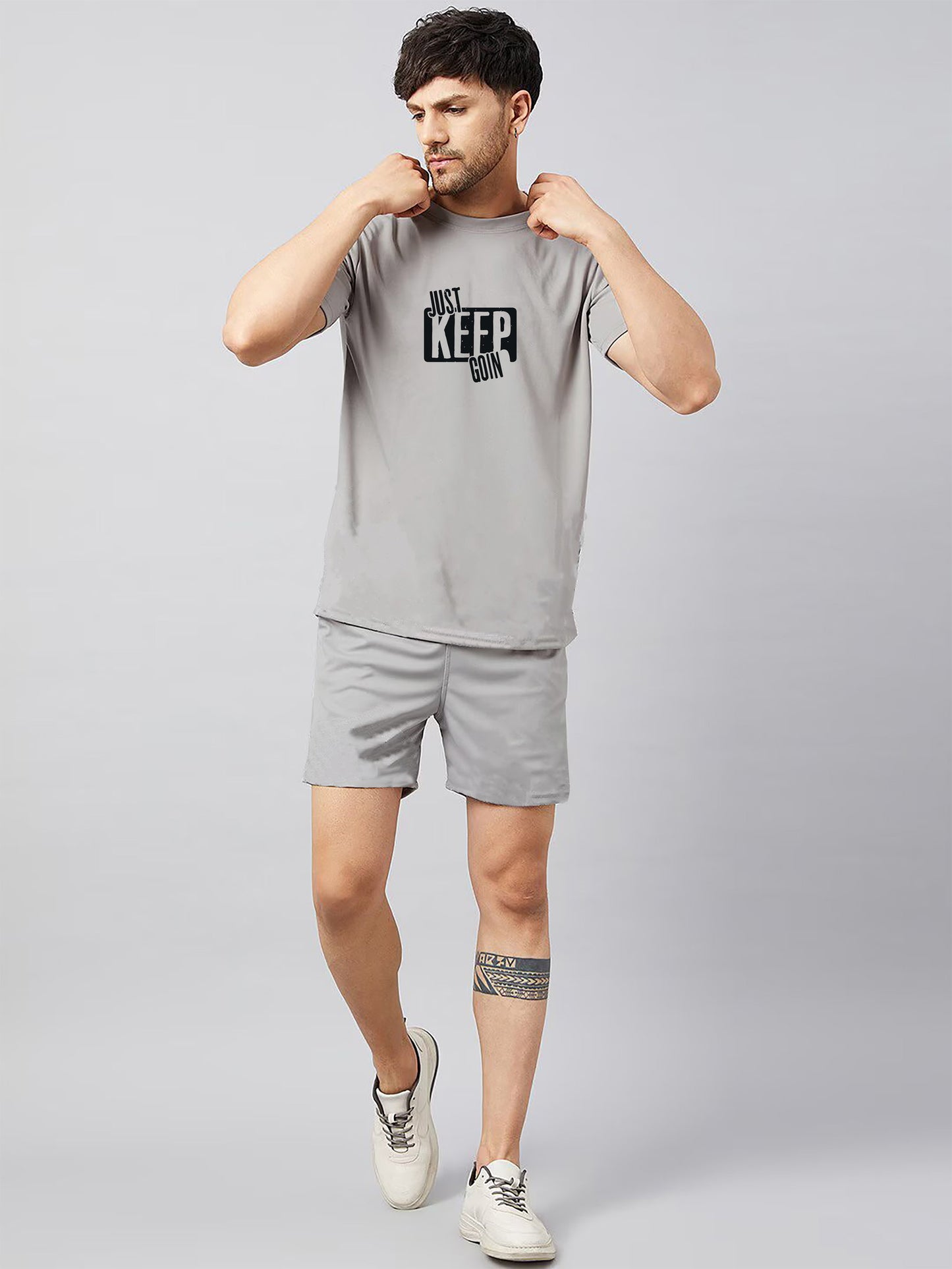 Grey Plain T Shirt Half Sleeve And Shorts With Pocket