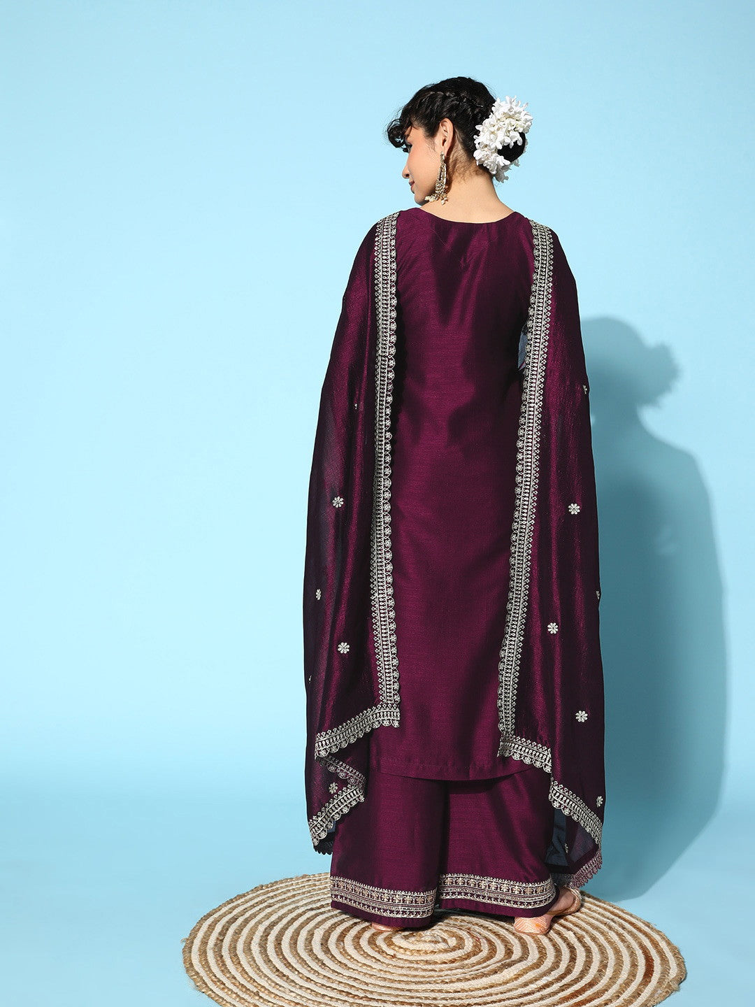 Purple Party Wear Embroidery Worked Kurta With Pant And Duppata Set