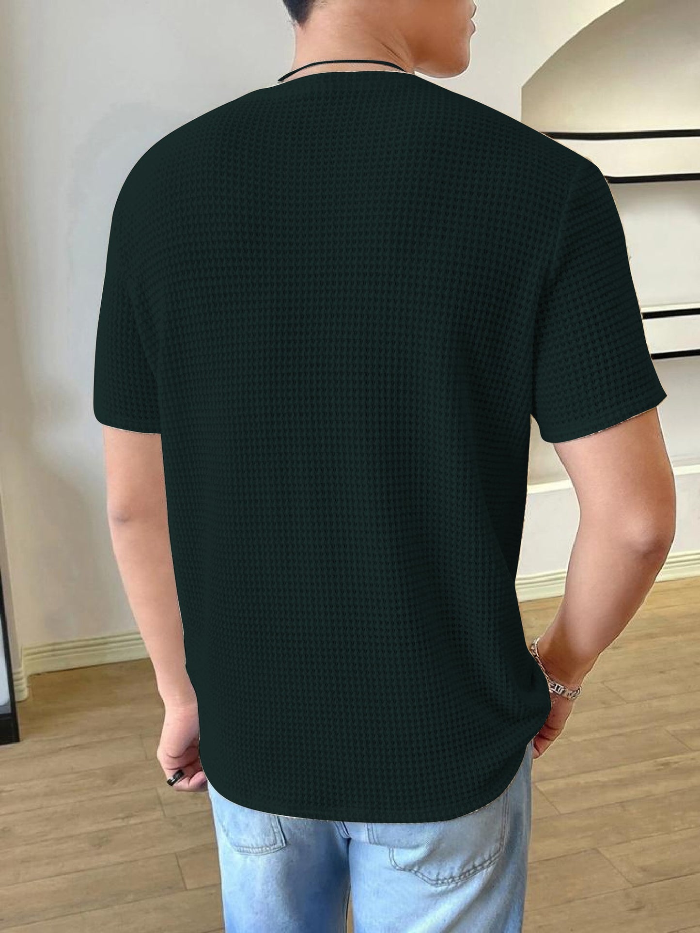 Men Solid Round Neck Waffle Dark Green T-Shirt