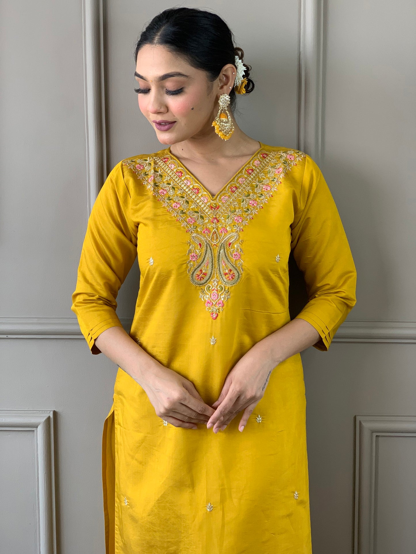 Mustard Classic Embroidery Design Kurta With Pant and Dupatta