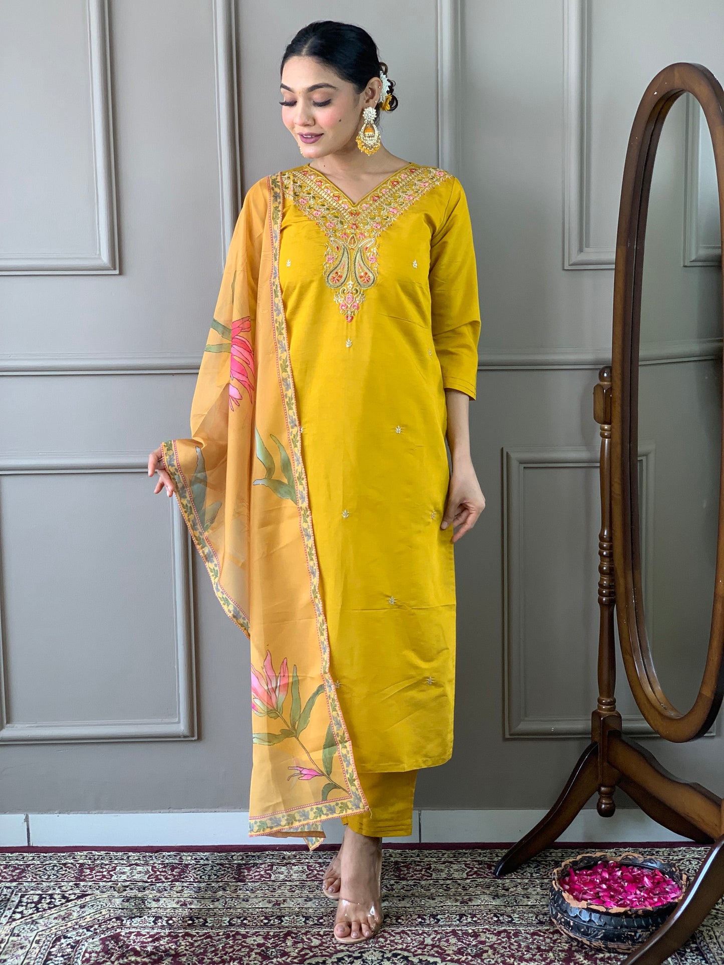 Mustard Classic Embroidery Design Kurta With Pant and Dupatta