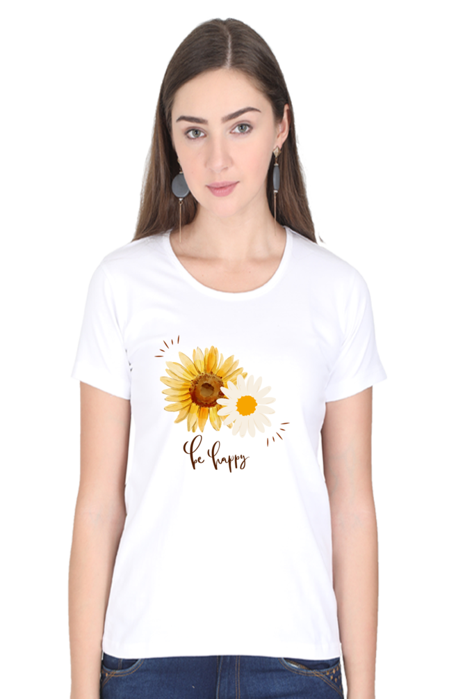 Always "Be Happy" Women's Flower Graphic T-Shirt