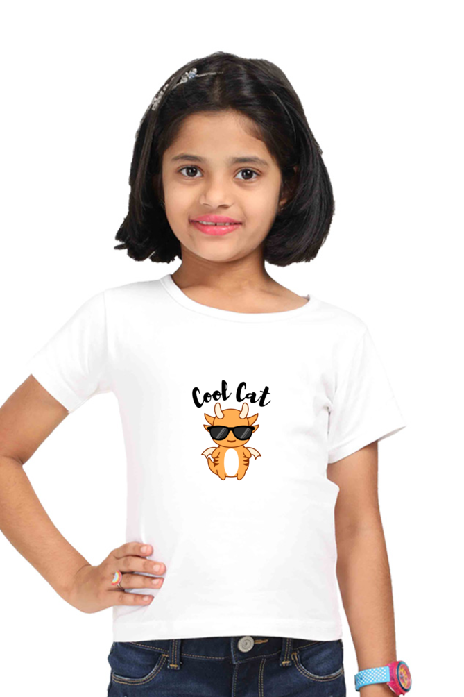 "Girl Round Neck Cool Cat Half Sleeves T-Shirt"