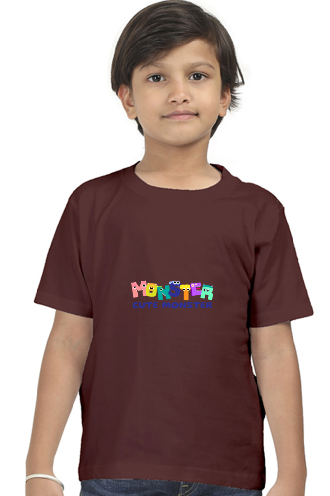 "Boy Round Neck Cute Monster Half Sleeves T-Shirt"