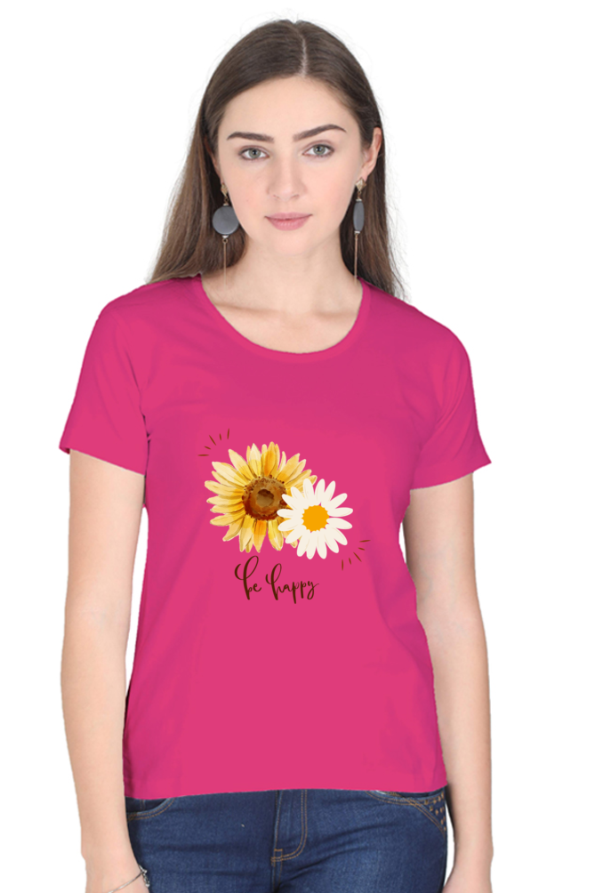 Always "Be Happy" Women's Flower Graphic T-Shirt