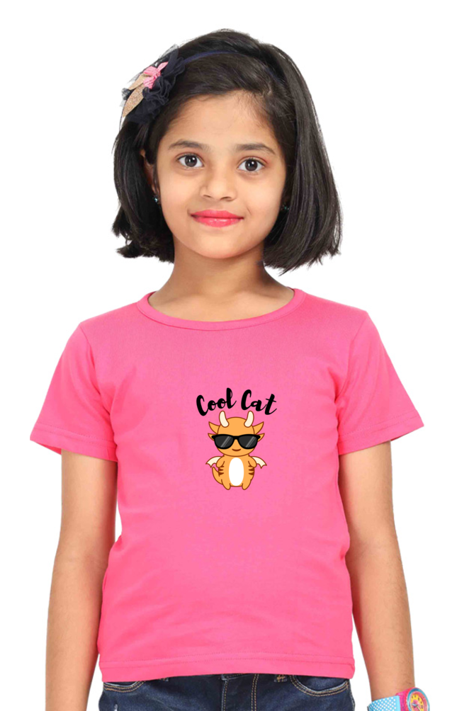 "Girl Round Neck Cool Cat Half Sleeves T-Shirt"