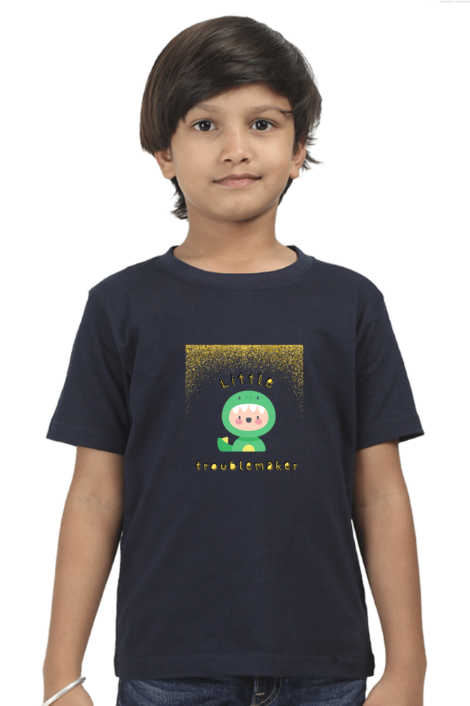 Boy’s Round Neck Half Sleeve "Little Troublemaker" T-Shirt