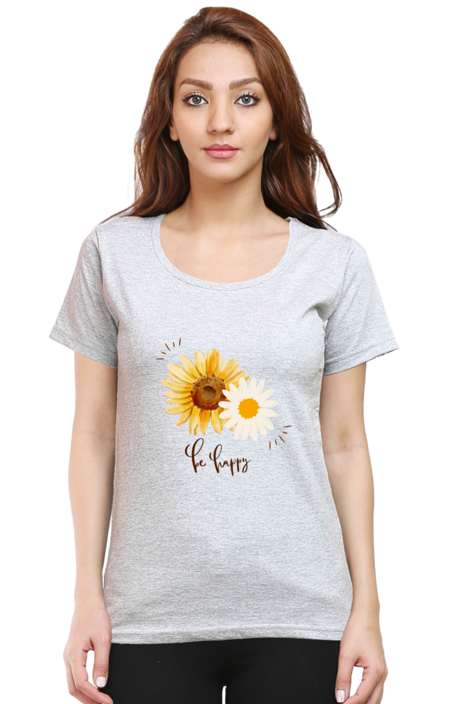 Always "Be Happy" Women's Flower Graphic T-Shirt