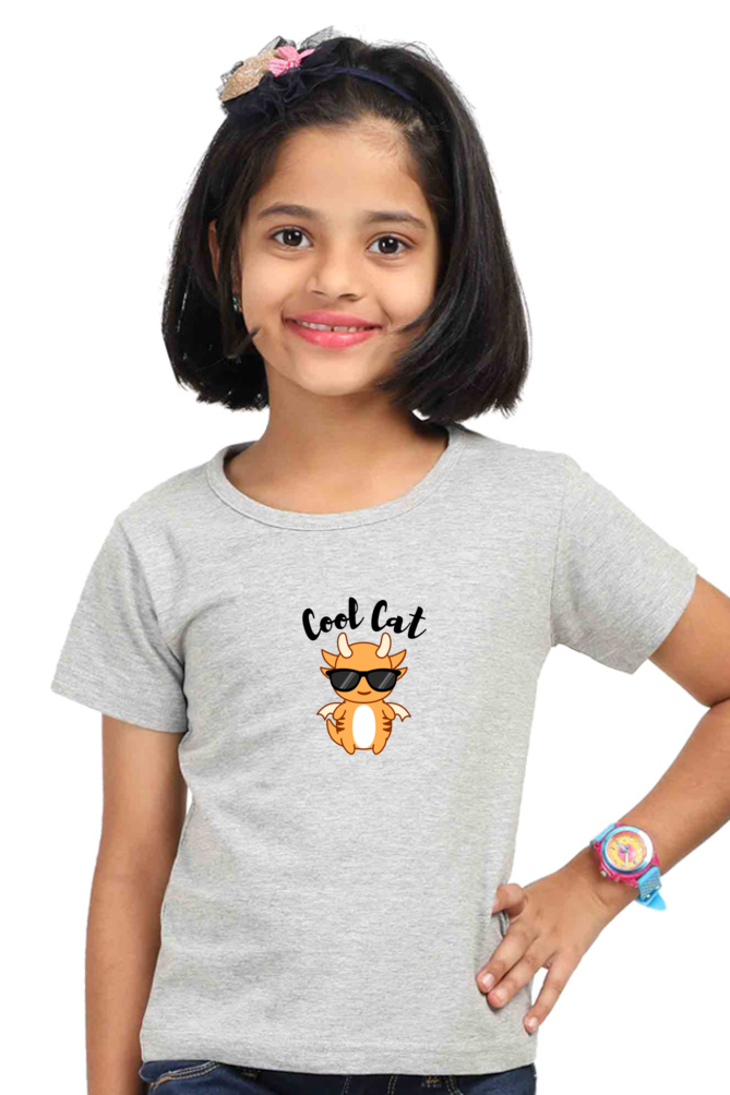 "Girl Round Neck Cool Cat Half Sleeves T-Shirt"