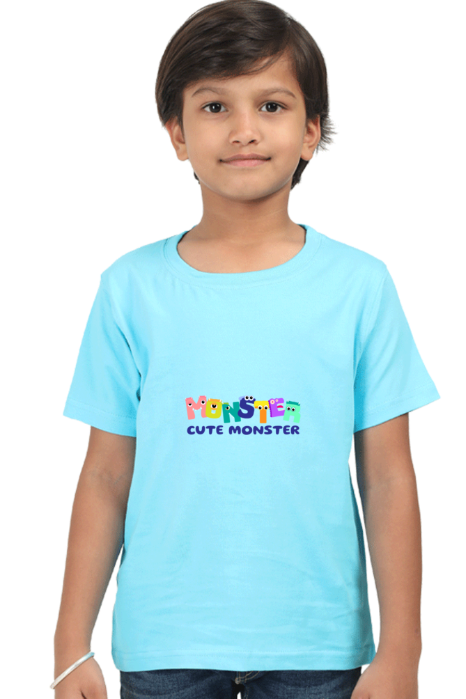 "Boy Round Neck Cute Monster Half Sleeves T-Shirt"