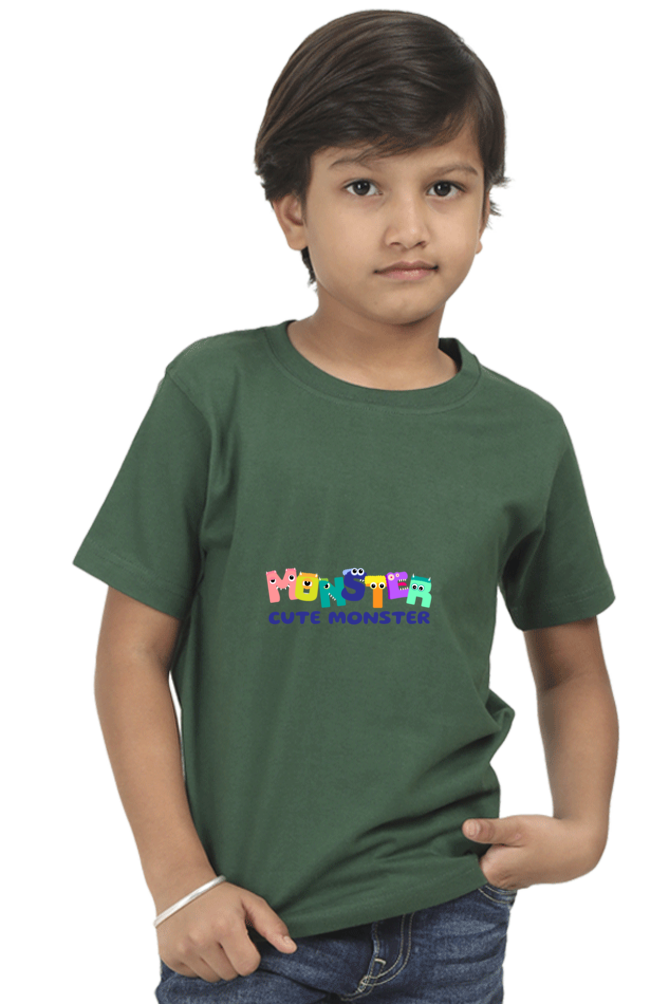 "Boy Round Neck Cute Monster Half Sleeves T-Shirt"